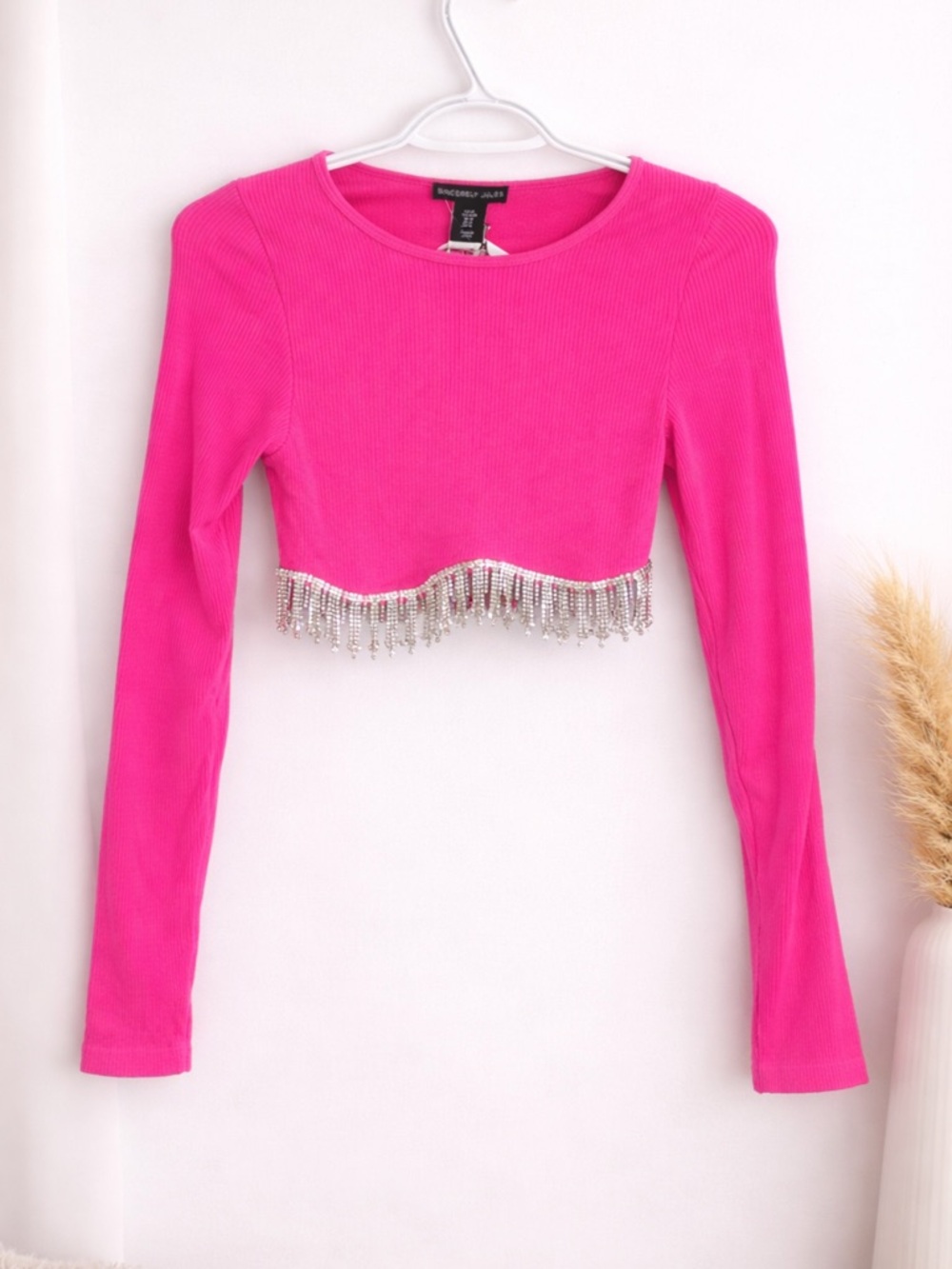 Sincerely Jules Hot Pink Long Sleeve Rhinestone Fringe Crop Top
